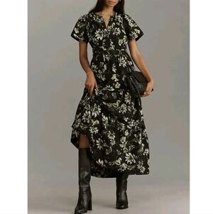 Anthropologie Floral Black and Green Maxi Dress